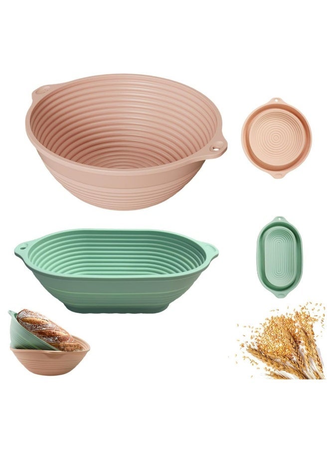 Silicone Banneton Basket,9 inch Silicone Bread Proofing Basket,2 Pack Sourdough Baking Supplies Collapsible Proofing Bowl for Home Baking  Beginners making (Round Pink+Oval Green)